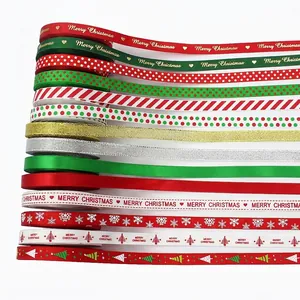 10mm Christmas ribbon set with Merry Christmas text, snowflakes and glitter patterns