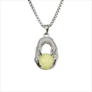 Mens stainless steel luminous dragon claw necklace with yellow-green glowing bead pendant