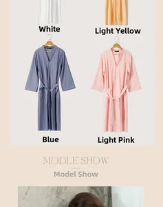 Detail of waffle weave robes in white, light yellow, blue, and light pink cotton fabric