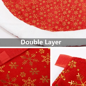 48 inch red plush Christmas tree skirt with gold snowflakes and white faux fur border