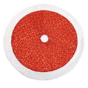 48-inch red Christmas tree skirt with gold snowflakes and white plush border