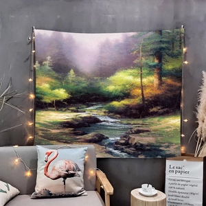 Detail view of forest stream landscape tapestry with warm sunrise on a minimalist wall