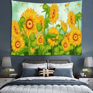 Detail view of sunflower wall tapestry with watercolor green leaves and yellow flowers