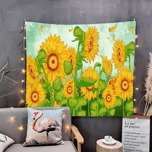 Detailed view of hand-painted sunflower tapestry with bright floral pattern and smooth edges