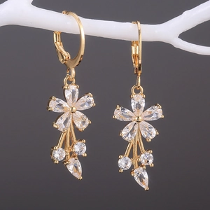 Flower Dangle Earrings Copper Gold Plated Cubic Zirconia Floral Petal Tassel Drop Jewelry For Women Elegant Sparkly Gift