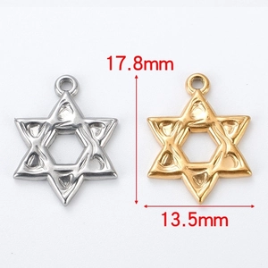 Macro view of stainless steel hexagram pendants in gold and silver with dimensions