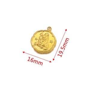 Detailed macro view of 16mm gold zodiac pendant with dimensions 16mm and 19.5mm