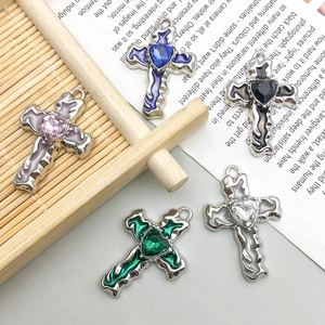 Five colorful alloy cross pendants with heart-shaped gems for DIY jewelry making