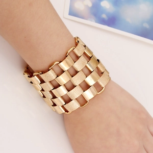 Broad Woven Metal Alloy Bracelet For Women Retro Bold Geometric Link Cuff Adjustable Polished Matte Finish Jewelry