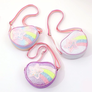 Kids Shoulder Bag Heart Shaped Glitter Sequin Star Rainbow Pattern Shiny Crossbody Purse For Little Girls Adjustable Strap