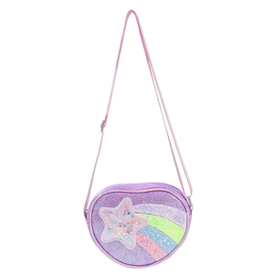 Sparkly purple heart-shaped crossbody bag with rainbow star sequin design for girls