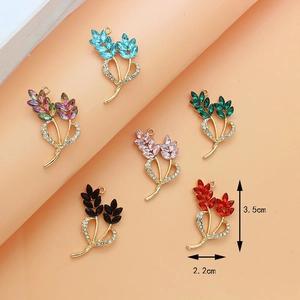 Leaf shaped alloy pendants with artificial crystals for DIY jewelry making in six colors