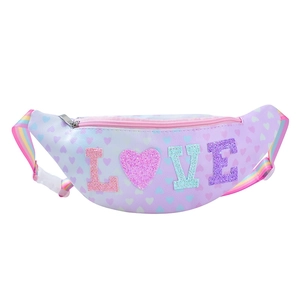 Detail of purple heart pattern kids waist bag with LOVE sequin letters and rainbow strap
