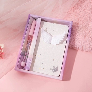 Creative white diary notebook gift set with angel wings and liquid glitter pen