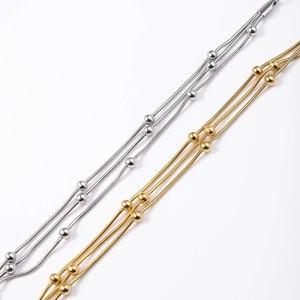 Three-layer stainless steel snake chain bracelets with metallic beads in gold and silver