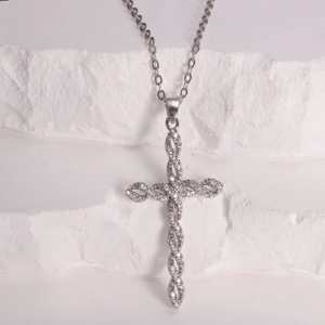 Classic silver cross necklace with copper inlaid cubic zirconia on stainless steel chain