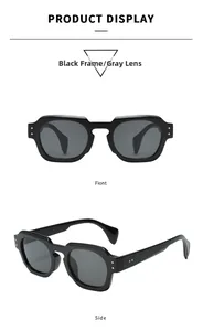 Vue détaillée avant et latérale de lunettes de soleil ovales rétro avec monture noire épaisse
