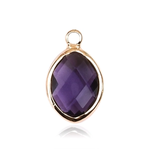 Detail of faceted oval purple glass pendant with golden metal border and jump ring