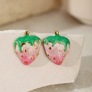 Pink strawberry enamel earrings with green leaves and gold plated stainless steel base