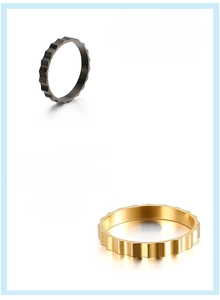 Close-up of wavy gear rings in gold and gunmetal 316L stainless steel with plating