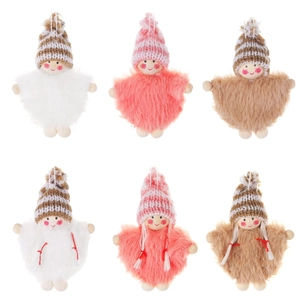 Set of six handmade knitted Christmas tree ornaments with wooden heads and wool hats