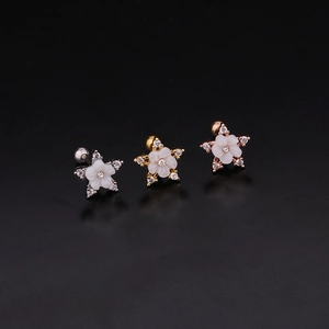 Three stainless steel flower stud earrings in silver, gold, and rose gold with zircon