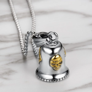 Polished stainless steel motorcycle rider skull bell pendant with silver box chain
