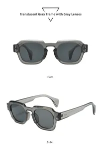 Détails de la monture grise transparente et des verres gris de ces lunettes de soleil ovales