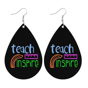 Waterdrop leather earrings featuring teach inspire text and ruler pattern for teachers