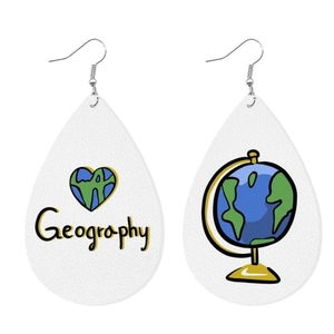 Macro shot of geography themed teardrop faux leather earrings with globe and heart design