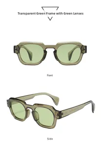 Détails des lunettes de soleil vert transparent avec rivets et marquages sur les branches
