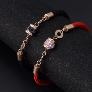 Braided Rope Bracelet Stainless Steel Cylinder Pendant Roman Numerals Zircon Inlaid Adjustable For Couples Men Women