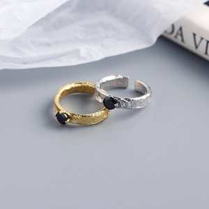 S925 sterling silver rings with black zircon in gold and silver textured finish