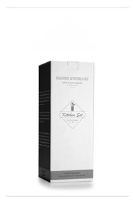Confezione dettagliata del set di 11 utensili in silicone con specifiche e supporto