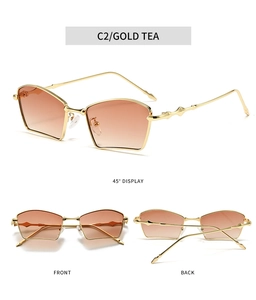 Three perspectives of gold geometric sunglasses with tea gradient lenses and metal frame