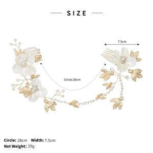 Detailed size chart for bridal floral hair comb showing 28cm circle and 7.5cm width specs