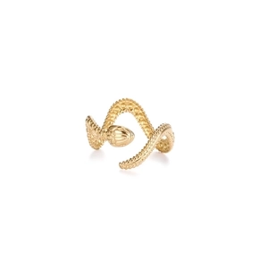 Punk style snake-shaped golden open ring with detailed scale texture on white background