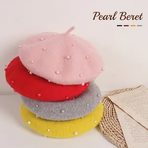 Kids Girls Woolen Beret Hat With Faux Artificial Pearl Elegant Sweet Warm Winter Artist Cap For Toddler Travel Outdoor