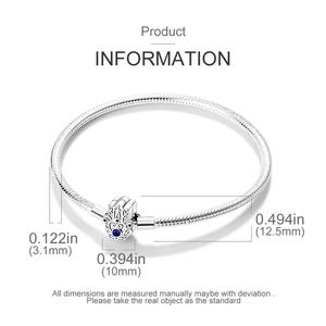 Detail showing 3.1mm silver snake chain with 12.5mm Hamsa Hand charm and blue zircon