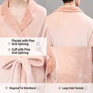 Pink coral fleece bathrobe with pineapple texture stitching and adjustable waist belt