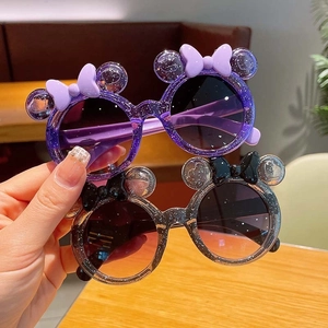 Cute kids round glitter sunglasses with bow ears for UV protection and summer styling
