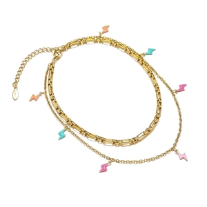 Double-layered golden stainless steel bracelet with colorful enamel lightning pendants