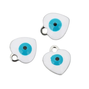 Detailed view of three white enamel heart-shaped evil eye pendants with silver rings