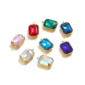 Colorful rectangular crystal pendants in eight vibrant shades with gold metal frames