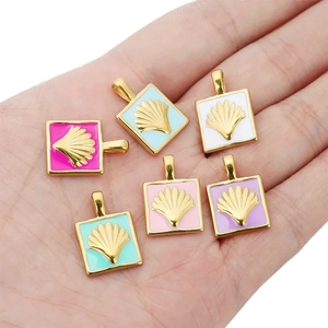 Square 18k gold plated stainless steel pendants with colorful enamel shell design