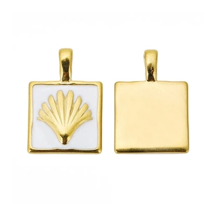 Detail of square 18k gold plated stainless steel pendant with white enamel and fan pattern