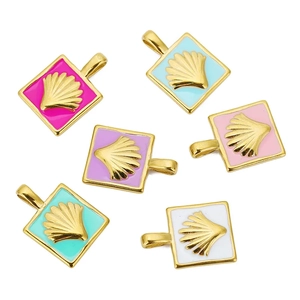 Square 18k gold plated stainless steel enamel scallop shell pendants in vibrant colors