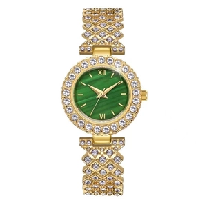 Elegant women's gold metal bracelet watch with a malachite green dial and diamond accents