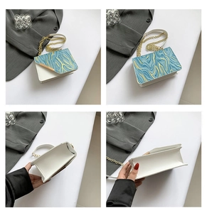 Multi-angle views of white crossbody bag with blue and gold textured flap and chain strap