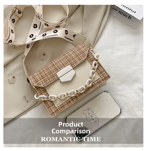 Detail of woven crossbody bag with white chain strap and daisy print nylon strap